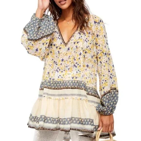 Free People Women's Gardenia Tunic Cream Blue Yellow Embellished Large - Picture 1 of 16
